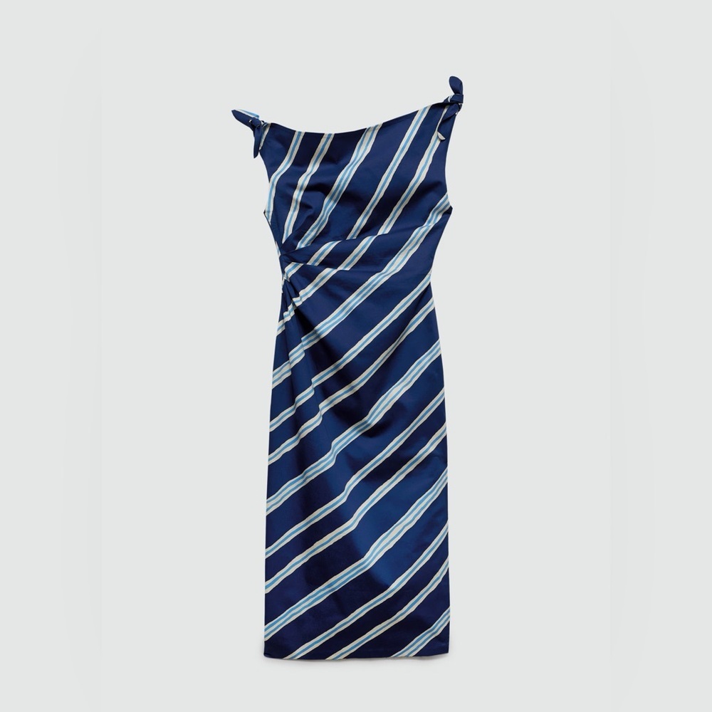 Mango One Shoulder Blue Striped dress with bare shoulders NWT - Picture 2 of 9